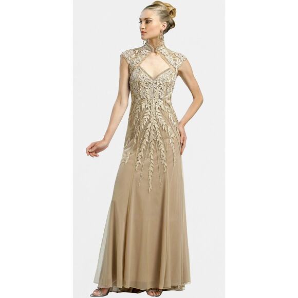 NWT Sue Wong Nocturne Nude Embroidered Sequin Gown Maxi Formal Dress Mandarin - Picture 1 of 16
